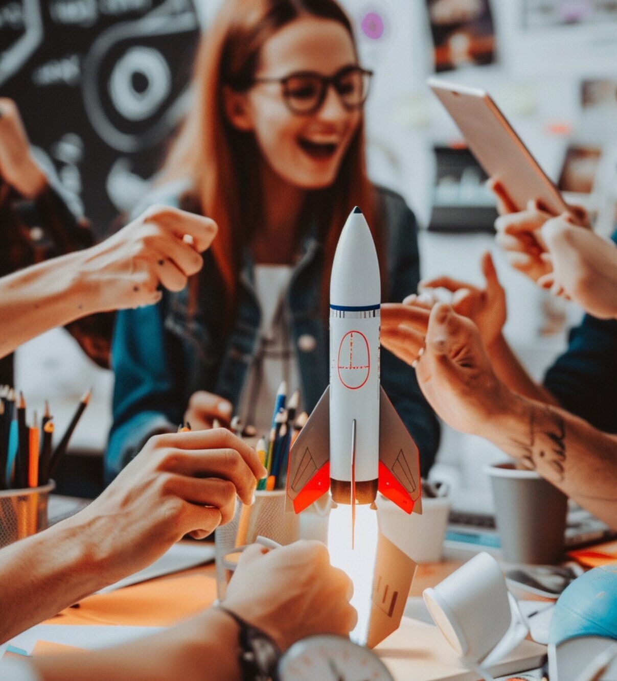 Équipe Iwego agence de communication autour d'une maquette de fusée