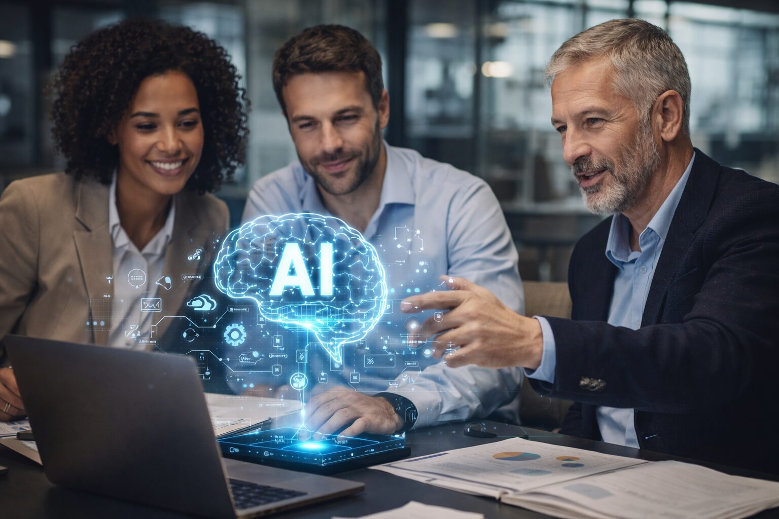 Équipe Iwego en réunion autour d’une visualisation d’intelligence artificielle