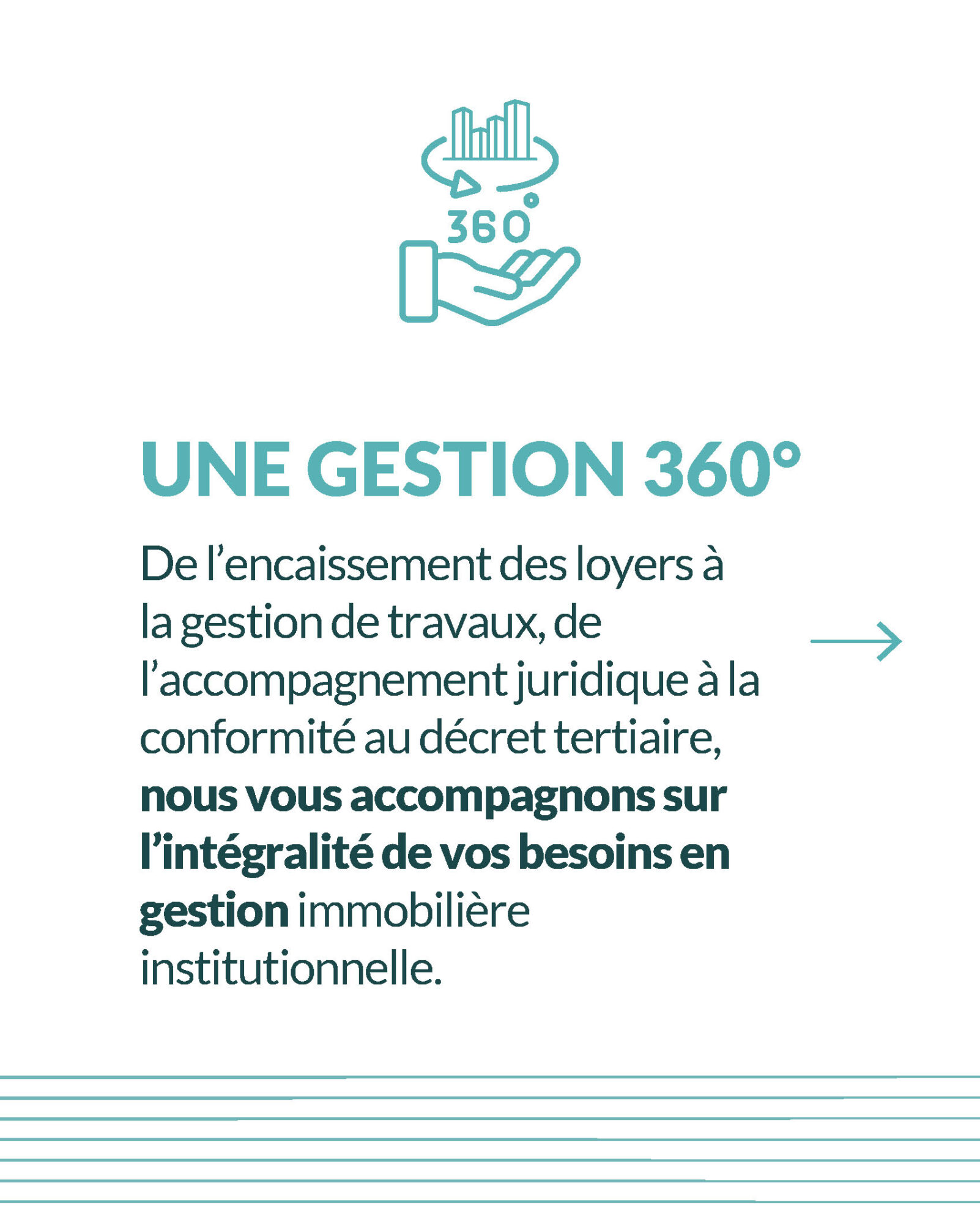 Illustration gestion immobilière 360° avec main et immeuble stylisé